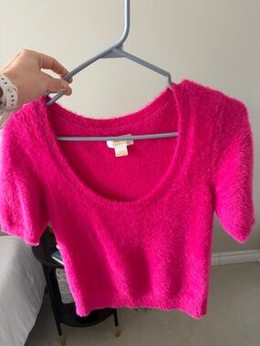 Maeve Anthropologie Hot Pink Fuzzy Eyelash Knit Scoop Neck Short Sleeve Sweater